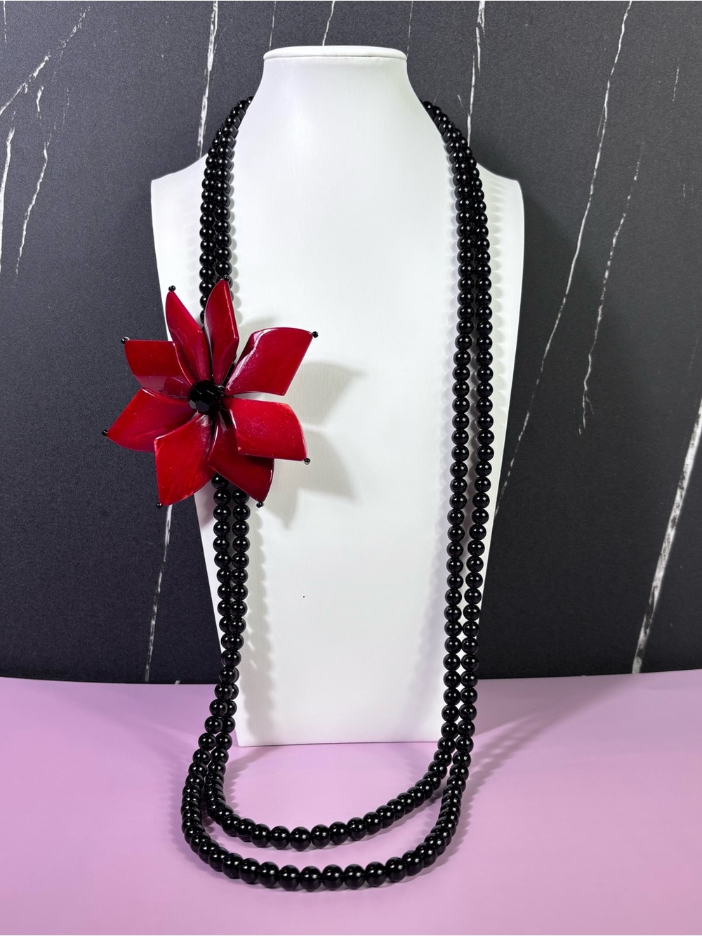 Vtg JS Black Faux Pearl Necklace Red Lucite Flower Goth Glam Statement Runway